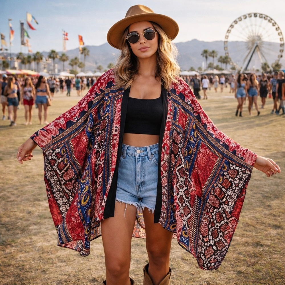 Blue B Mixed‎ Print Boho Kimono Cardigan Paisley Snake Patchwork Festival Layer